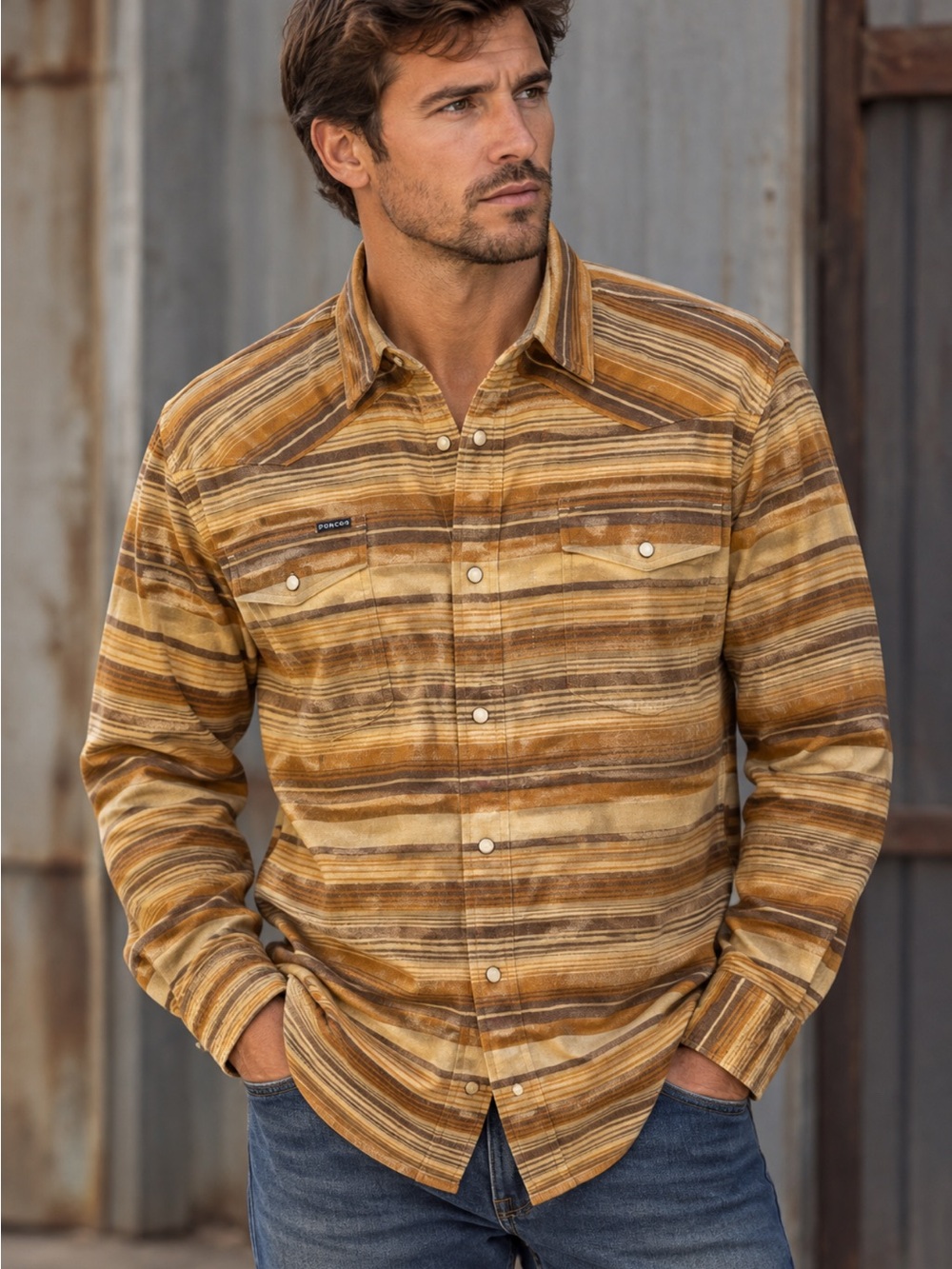 Poncho Outdoors The Adobo Western Flannel Shirt Large Men’s Desert Stripe NWOT